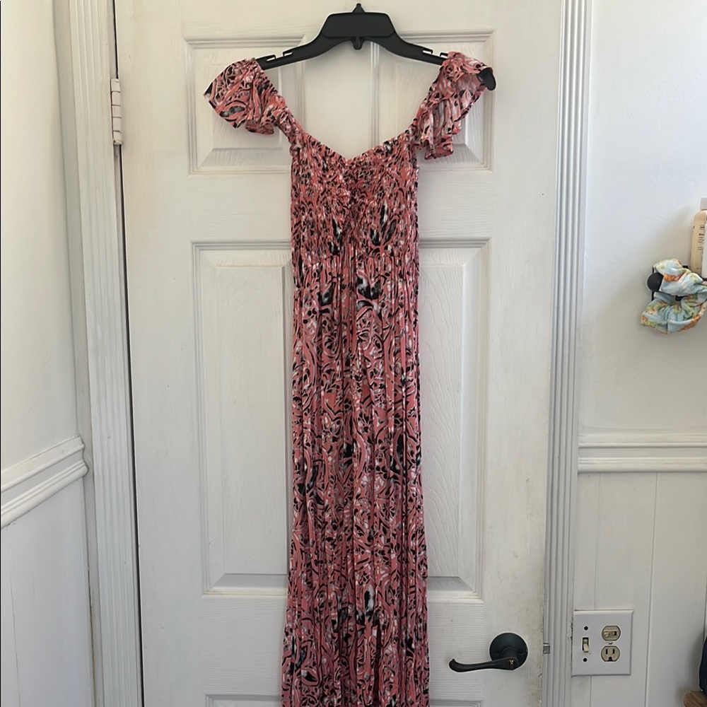 Tiare Hawaii Pink and Black Off-Shoulder Maxi Dress